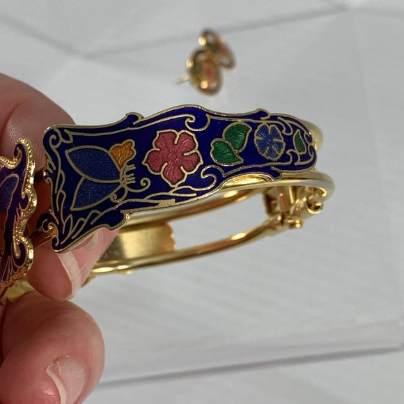 Cloisonné Enamel Bracelet Earrings Set Gold Tone Blue Green Butterflies Flowers - Picture 7 of 10